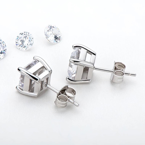 1.25Ct Sterling Silver Asscher Cut 6mm Classic Pin Rectangular Diamond Earrings - Picture 9 of 16